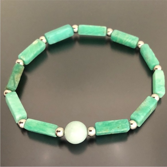 Amazonite stone Bracelet w Sterling silver beads one size Stretchable Bracelet - Picture 2 of 6
